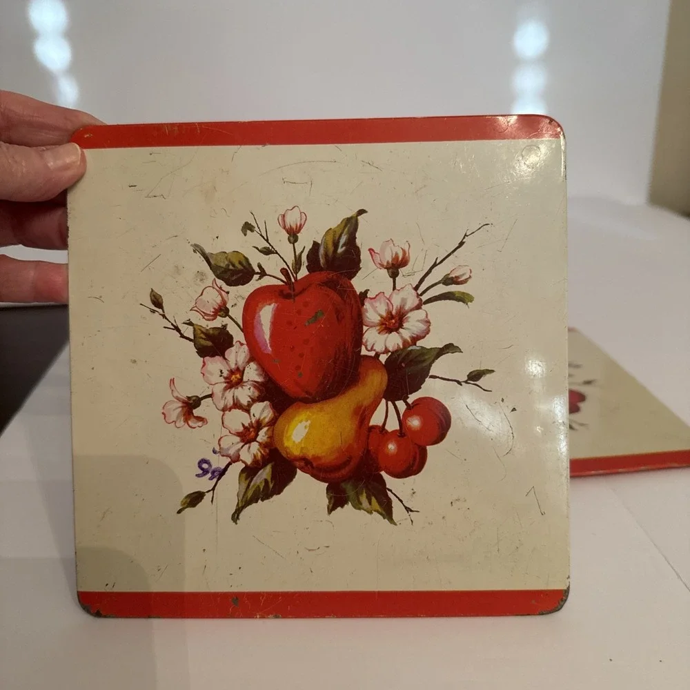 Vintage Pro-Tex Hot Plate Stove Mats Set of 2 Fruit Motif Red Cream Metal Trivet